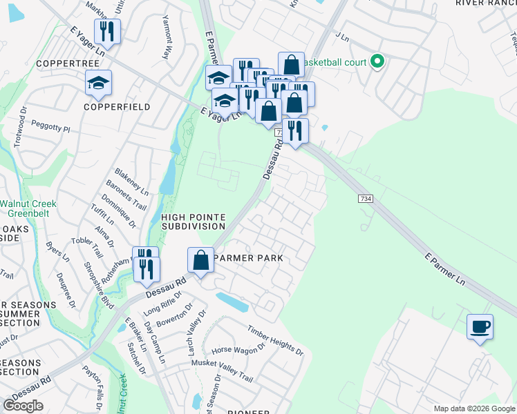 map of restaurants, bars, coffee shops, grocery stores, and more near 12123 Dessau Road in Austin