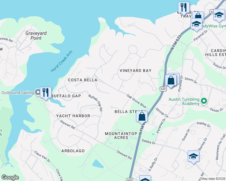 map of restaurants, bars, coffee shops, grocery stores, and more near 102 Bella Cima Drive in Austin