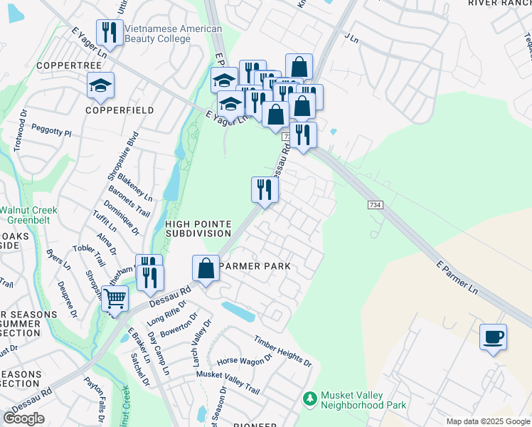 map of restaurants, bars, coffee shops, grocery stores, and more near 12123 Dessau Road in Austin