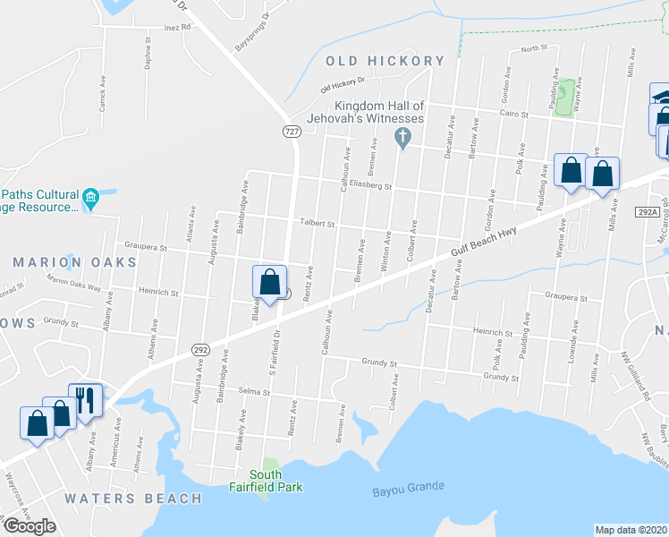 map of restaurants, bars, coffee shops, grocery stores, and more near 2498 Graupera Street in Pensacola