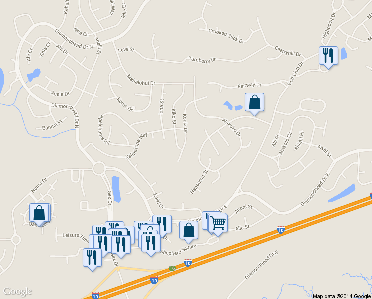 map of restaurants, bars, coffee shops, grocery stores, and more near 6533 Koula Drive in Diamondhead