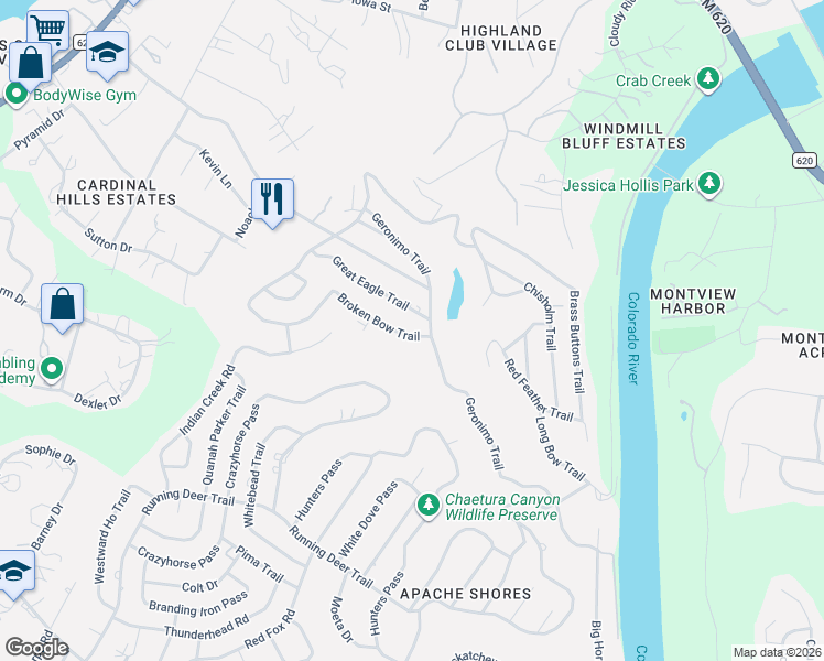 map of restaurants, bars, coffee shops, grocery stores, and more near 14503 Broken Bow Trail in Austin