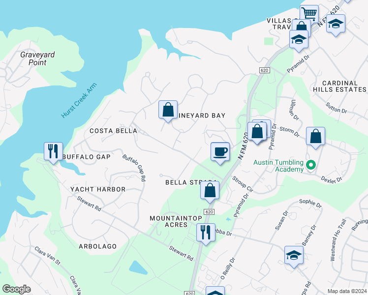 map of restaurants, bars, coffee shops, grocery stores, and more near 15901 Ct Des Azelias in Austin