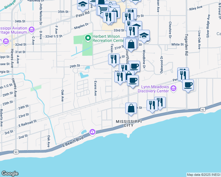 map of restaurants, bars, coffee shops, grocery stores, and more near 431 Texas Avenue in Gulfport