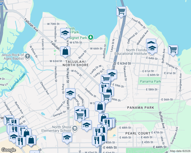 map of restaurants, bars, coffee shops, grocery stores, and more near 115 Tallulah Avenue in Jacksonville