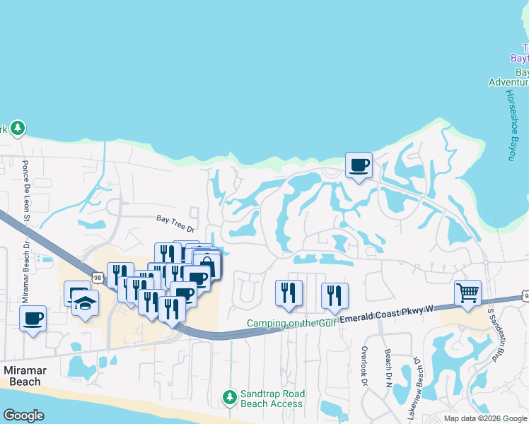 map of restaurants, bars, coffee shops, grocery stores, and more near 205 Sandestin Boulevard West in Miramar Beach