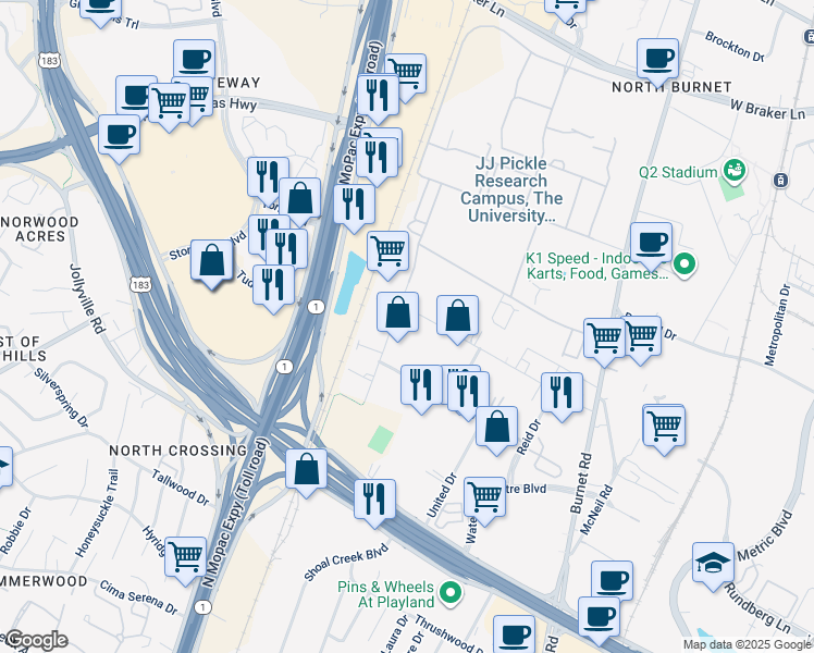map of restaurants, bars, coffee shops, grocery stores, and more near 3203 Longhorn Boulevard in Austin