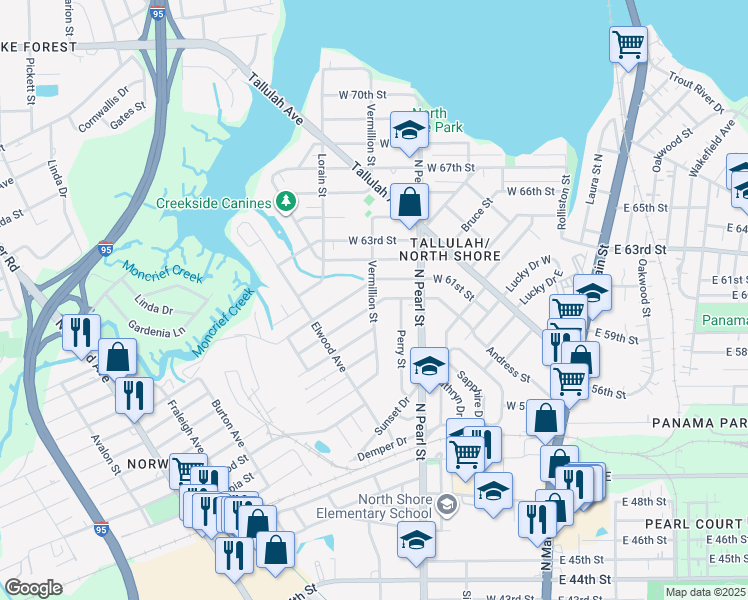 map of restaurants, bars, coffee shops, grocery stores, and more near 6835 Vermillion Street in Jacksonville