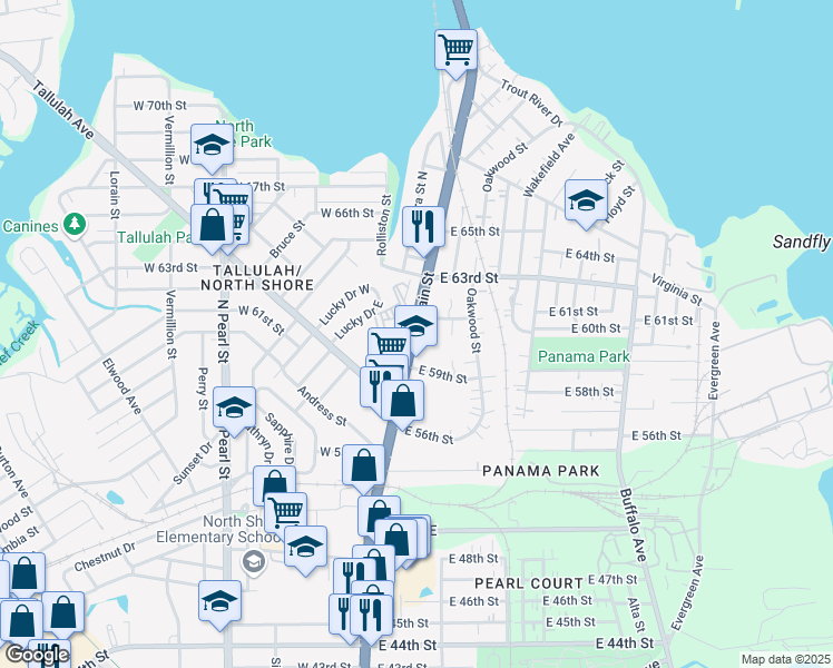 map of restaurants, bars, coffee shops, grocery stores, and more near 6949 Main Street North in Jacksonville