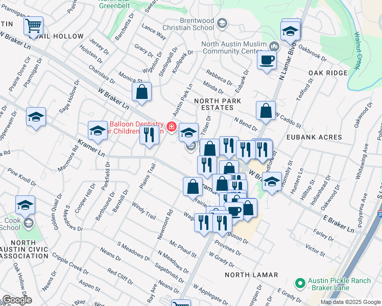 map of restaurants, bars, coffee shops, grocery stores, and more near 1001 West Braker Lane in Austin