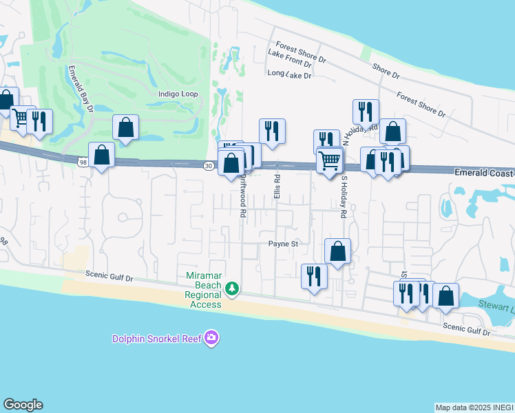 map of restaurants, bars, coffee shops, grocery stores, and more near 37 East Bradley Street in Miramar Beach