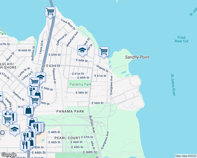 map of restaurants, bars, coffee shops, grocery stores, and more near 724 East 60th Street in Jacksonville