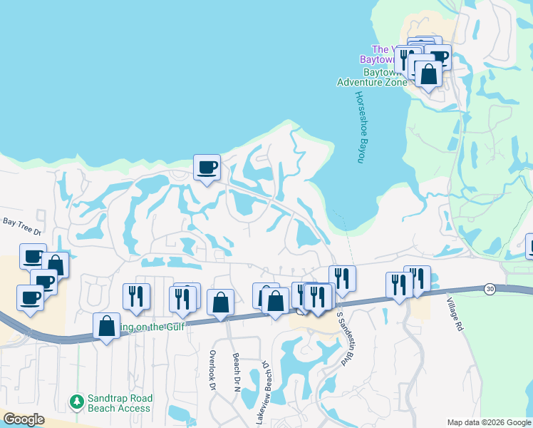 map of restaurants, bars, coffee shops, grocery stores, and more near 662 Bayou Drive in Destin