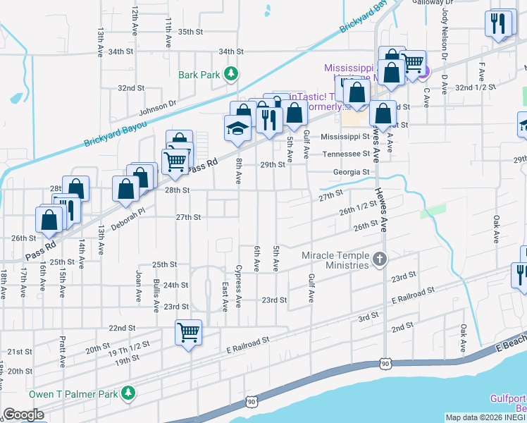 map of restaurants, bars, coffee shops, grocery stores, and more near 2627 6th Avenue in Gulfport