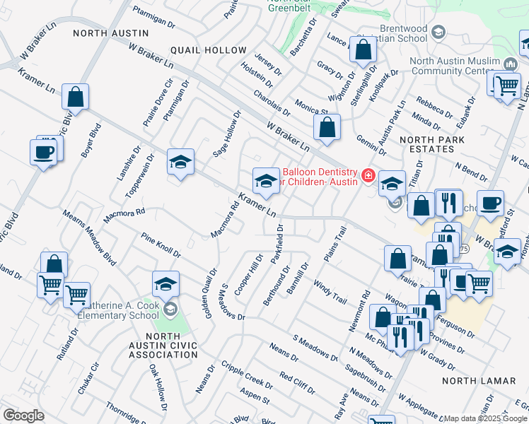 map of restaurants, bars, coffee shops, grocery stores, and more near 10804 Burnwood Drive in Austin