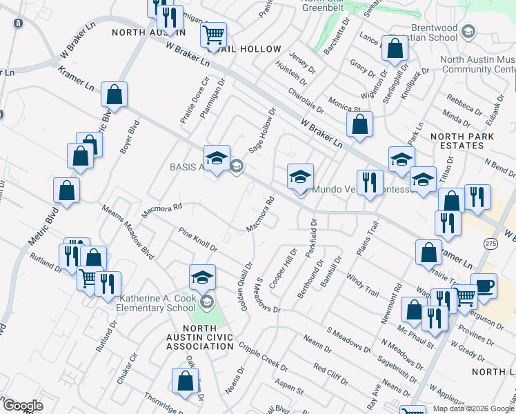 map of restaurants, bars, coffee shops, grocery stores, and more near 10808 Lambert Circle in Austin