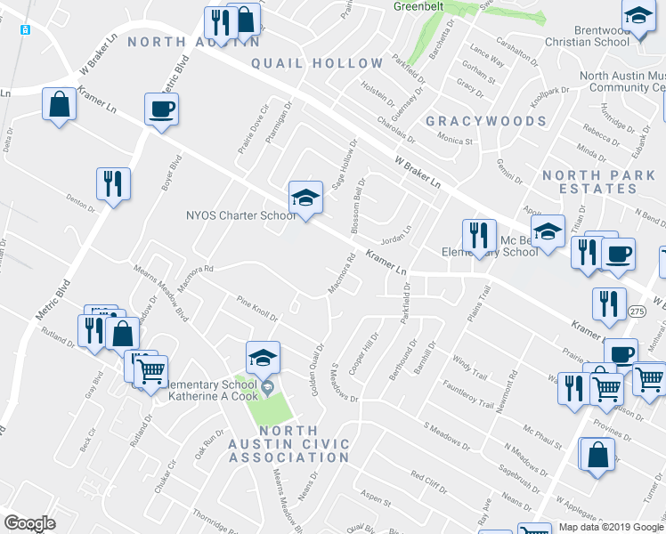 map of restaurants, bars, coffee shops, grocery stores, and more near 10808 Lambert Circle in Austin