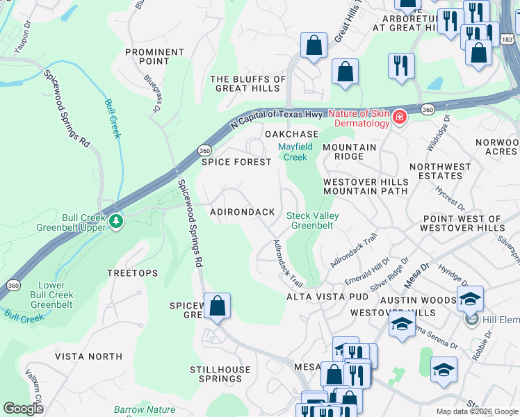 map of restaurants, bars, coffee shops, grocery stores, and more near 8502 Alverstone Way in Austin