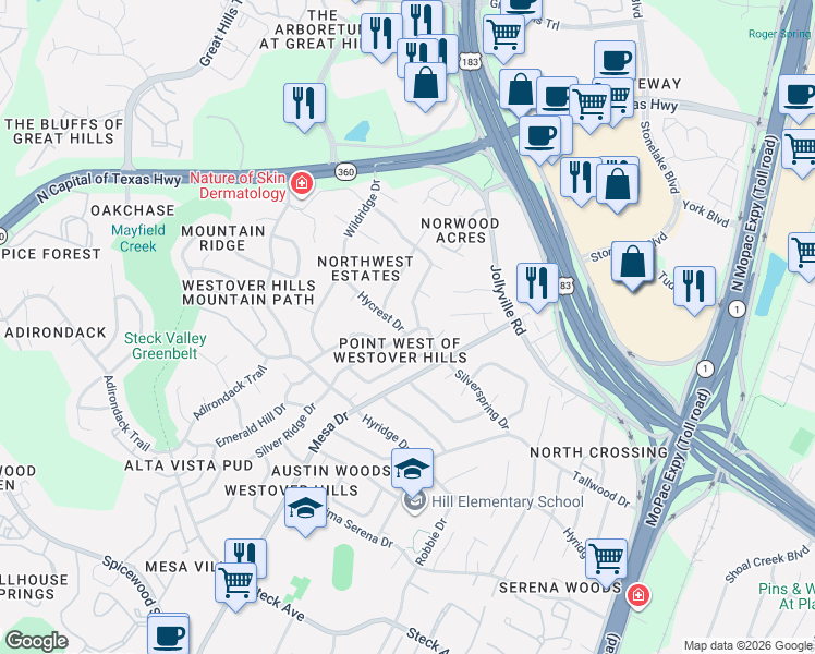 map of restaurants, bars, coffee shops, grocery stores, and more near 8900 Point West Drive in Austin