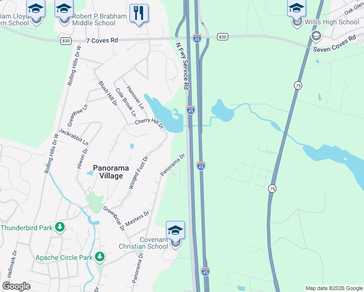 map of restaurants, bars, coffee shops, grocery stores, and more near 200 Panorama Drive in Conroe