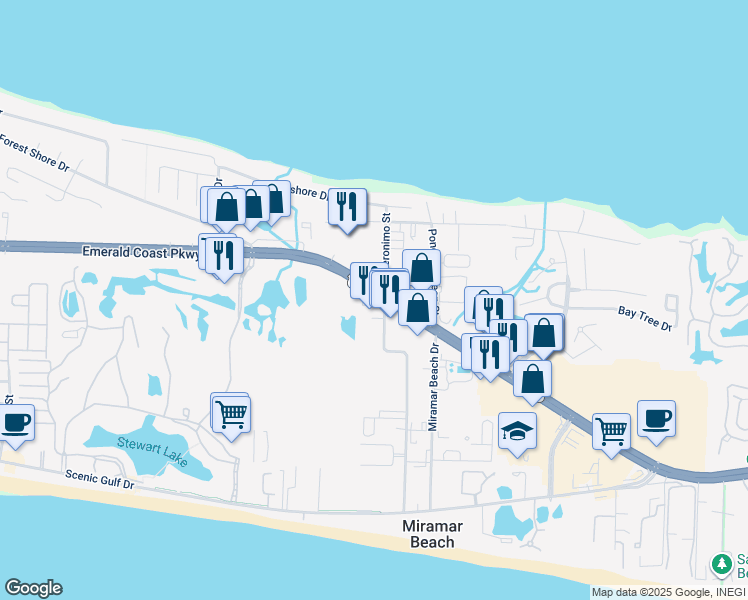 map of restaurants, bars, coffee shops, grocery stores, and more near 11275 Florida 30 in Miramar Beach
