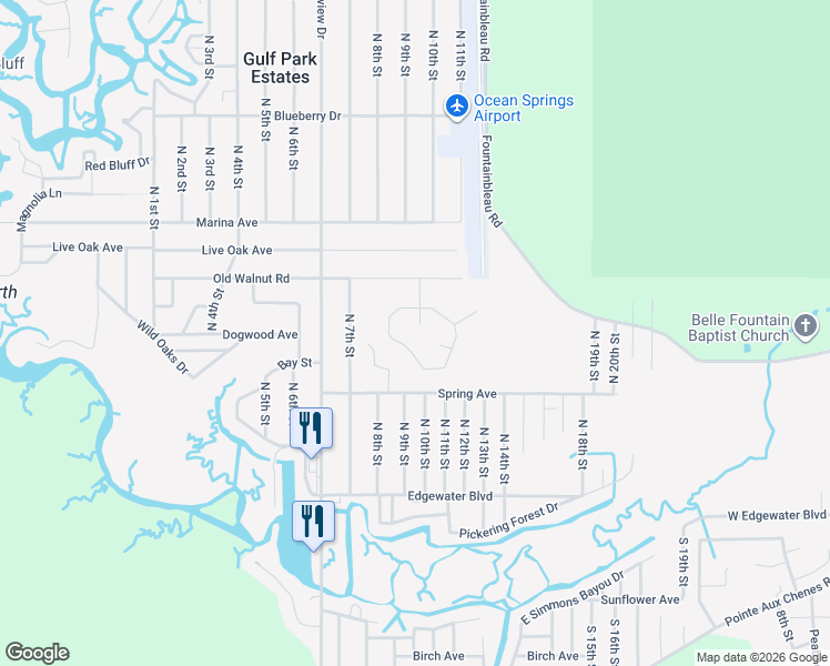 map of restaurants, bars, coffee shops, grocery stores, and more near 2901 Joni Drive in Ocean Springs