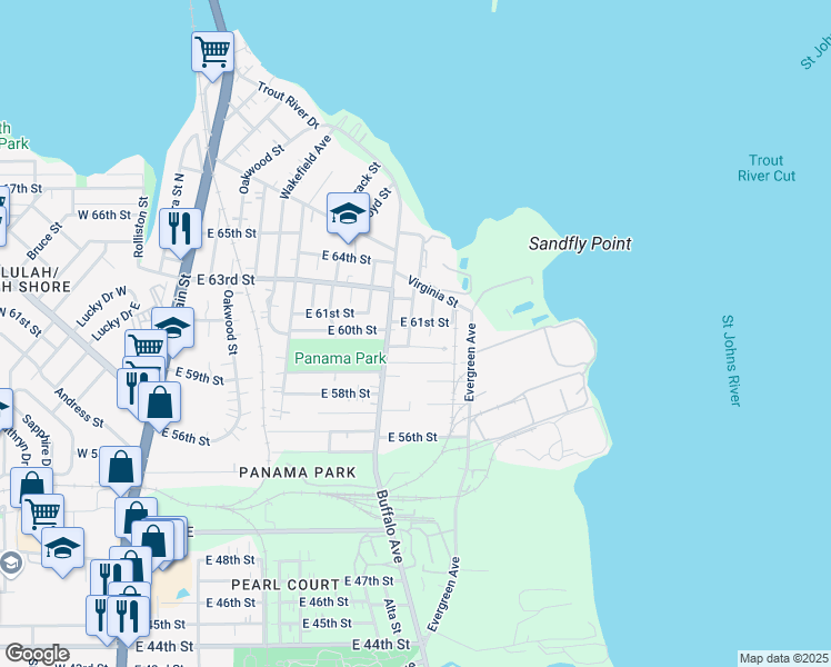 map of restaurants, bars, coffee shops, grocery stores, and more near 724 East 60th Street in Jacksonville