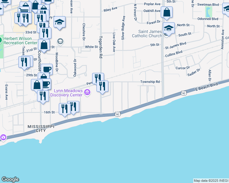 map of restaurants, bars, coffee shops, grocery stores, and more near 176 Markham Drive in Gulfport