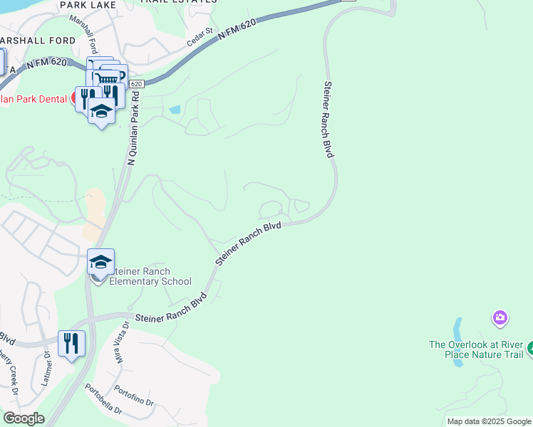 map of restaurants, bars, coffee shops, grocery stores, and more near 4800 Steiner Ranch Boulevard in Austin