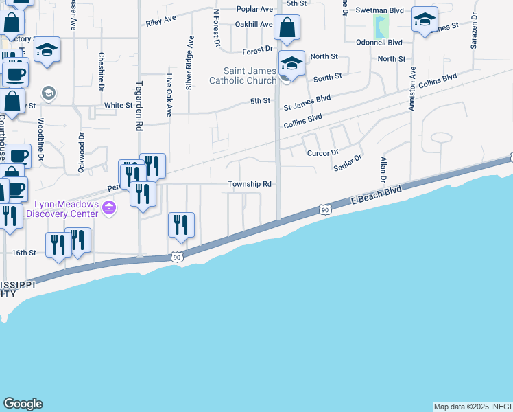 map of restaurants, bars, coffee shops, grocery stores, and more near 1200 Beach Drive in Gulfport
