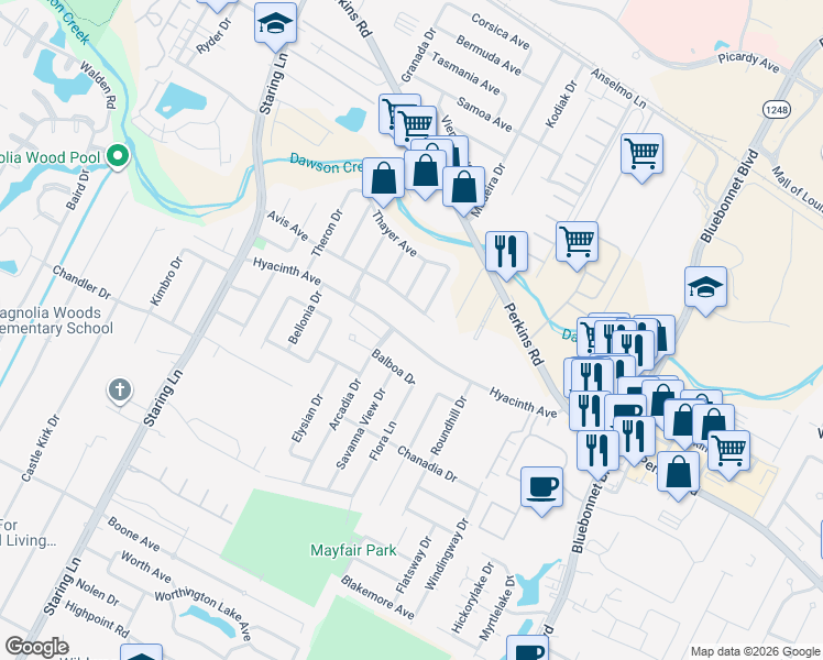 map of restaurants, bars, coffee shops, grocery stores, and more near 9644 Hyacinth Avenue in Baton Rouge