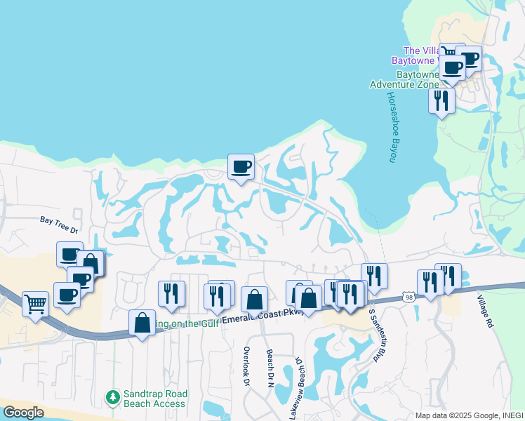 map of restaurants, bars, coffee shops, grocery stores, and more near 751 Sandpiper Drive in Miramar Beach
