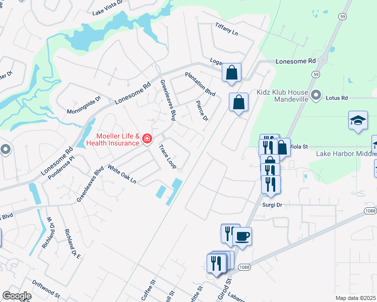 map of restaurants, bars, coffee shops, grocery stores, and more near 79 Trace Loop in Mandeville