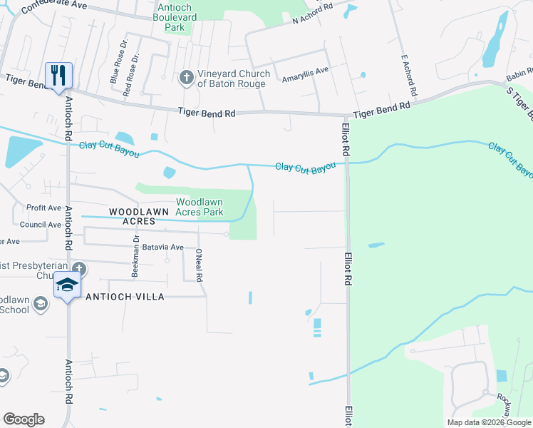map of restaurants, bars, coffee shops, grocery stores, and more near 7676 Madewood Avenue in Baton Rouge