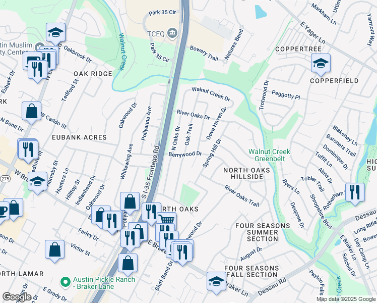 map of restaurants, bars, coffee shops, grocery stores, and more near 11608 Oak Haven Cove in Austin