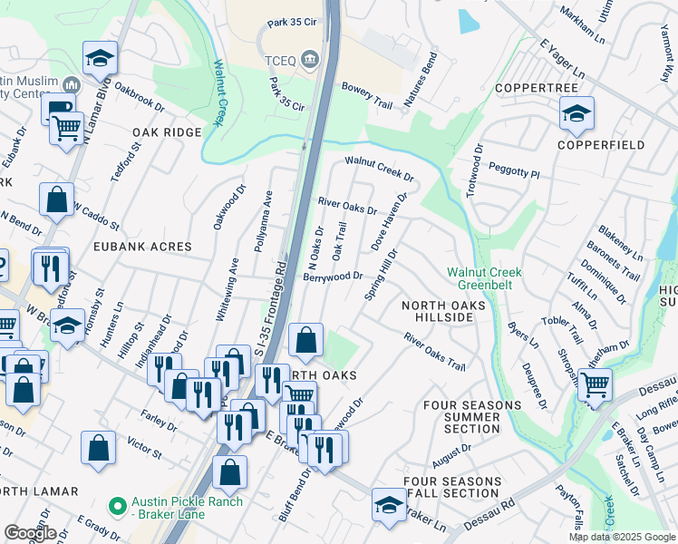 map of restaurants, bars, coffee shops, grocery stores, and more near 11608 Oak Haven Cove in Austin