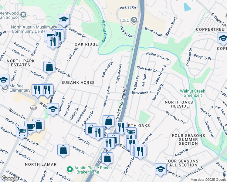 map of restaurants, bars, coffee shops, grocery stores, and more near 604 Covington Drive East in Austin