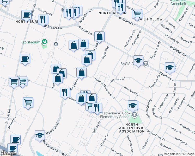 map of restaurants, bars, coffee shops, grocery stores, and more near 1810 Mearns Meadow Boulevard in Austin