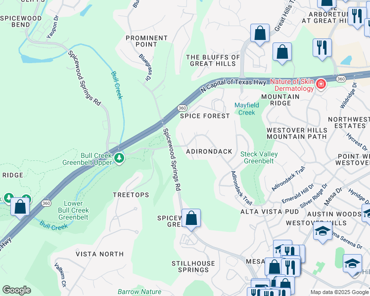 map of restaurants, bars, coffee shops, grocery stores, and more near 19 Adirondack Trail in Austin