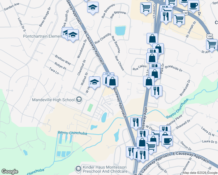 map of restaurants, bars, coffee shops, grocery stores, and more near 1200 West Causeway Approach in Mandeville