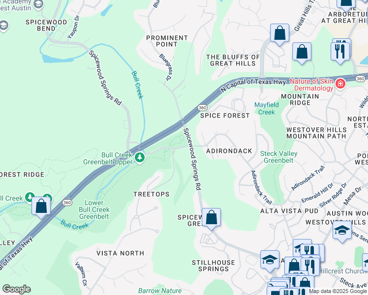 map of restaurants, bars, coffee shops, grocery stores, and more near 5243 Old Spicewood Springs Road in Austin