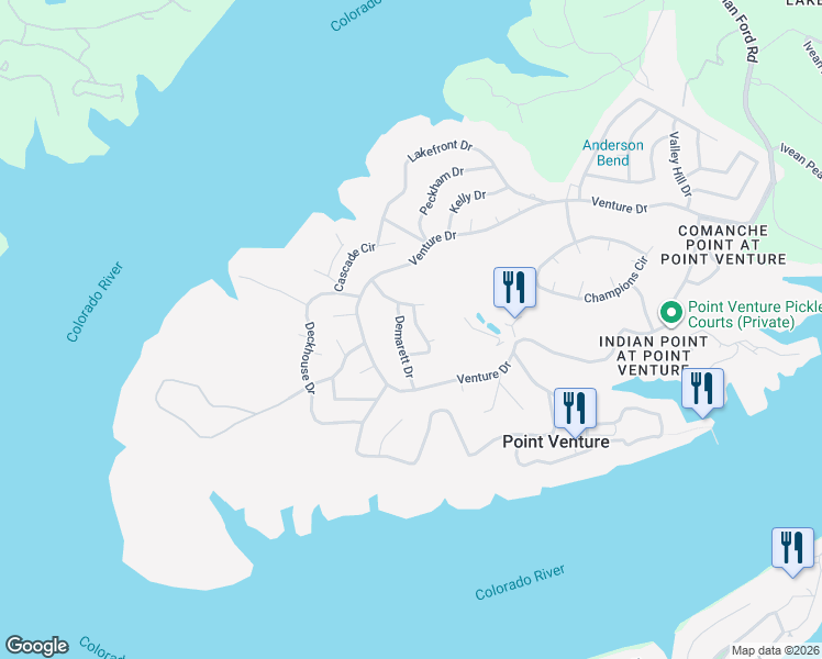 map of restaurants, bars, coffee shops, grocery stores, and more near 519 Demarett Drive in Lago Vista