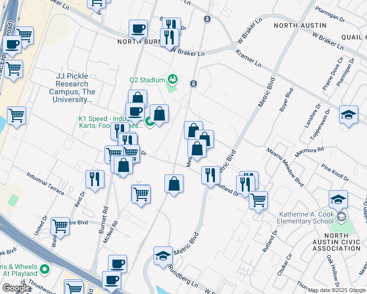map of restaurants, bars, coffee shops, grocery stores, and more near 10220 Metropolitan Drive in Austin