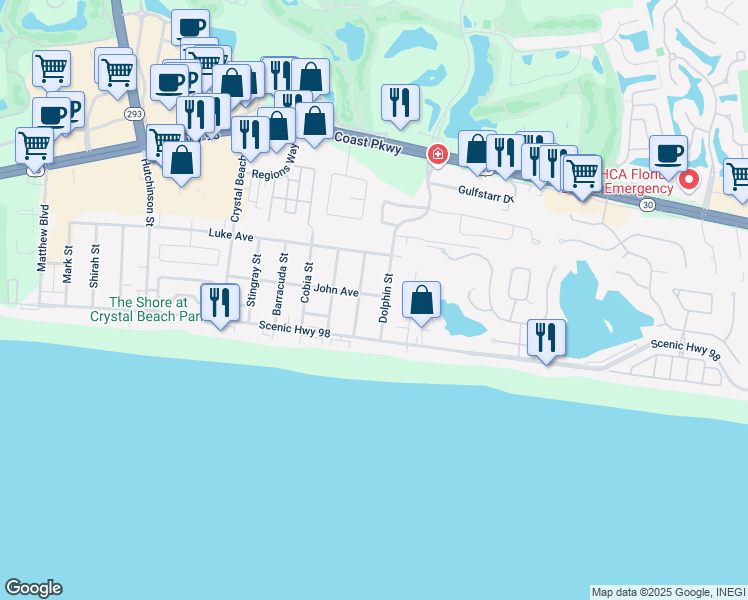 map of restaurants, bars, coffee shops, grocery stores, and more near 4582 John Avenue in Destin