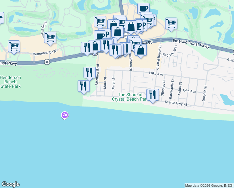 map of restaurants, bars, coffee shops, grocery stores, and more near 2850 Scenic Highway 98 in Destin