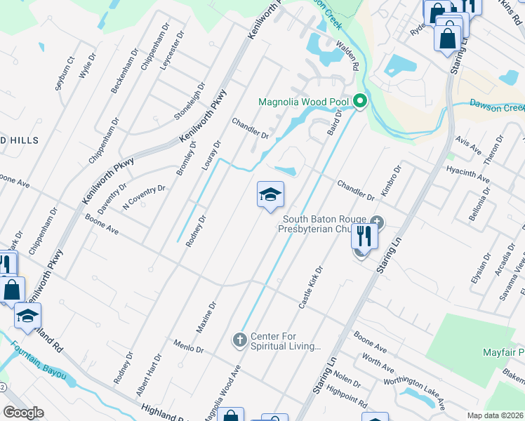 map of restaurants, bars, coffee shops, grocery stores, and more near 760 Maxine Drive in Baton Rouge