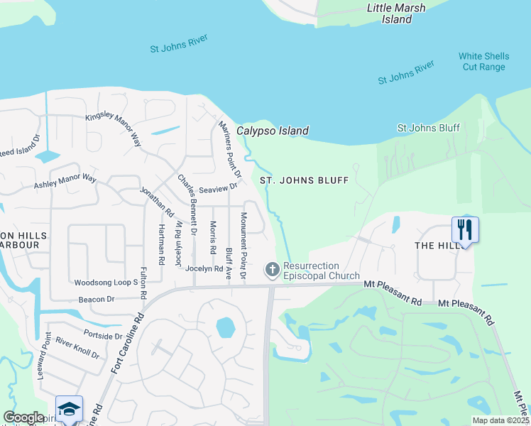 map of restaurants, bars, coffee shops, grocery stores, and more near 4639 Monument Point Circle in Jacksonville