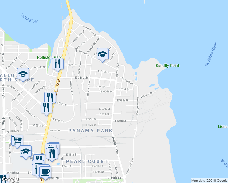 map of restaurants, bars, coffee shops, grocery stores, and more near East 60th Street in Jacksonville