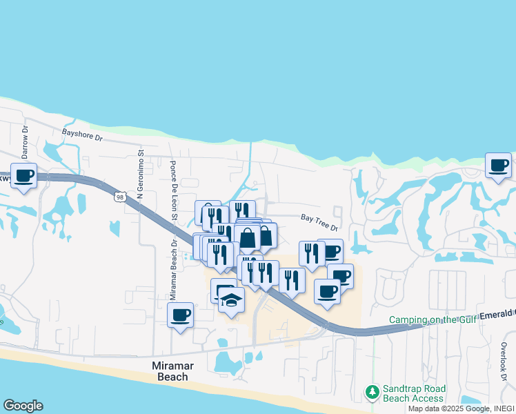 map of restaurants, bars, coffee shops, grocery stores, and more near 29 Bayside Park in Destin