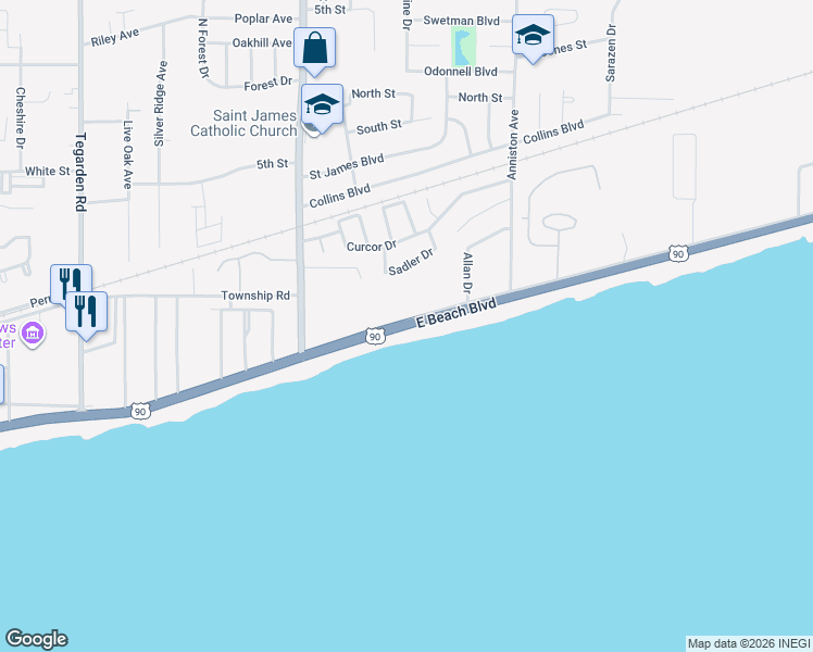 map of restaurants, bars, coffee shops, grocery stores, and more near Beach Drive in Gulfport
